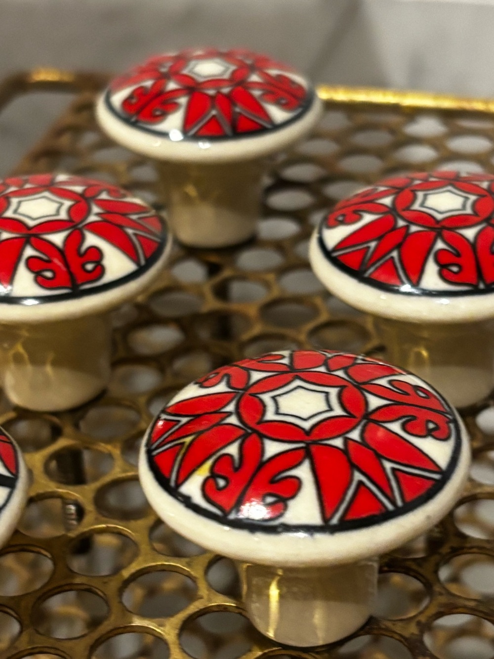 Red and White Decorative Ceramic Knobs hand painted